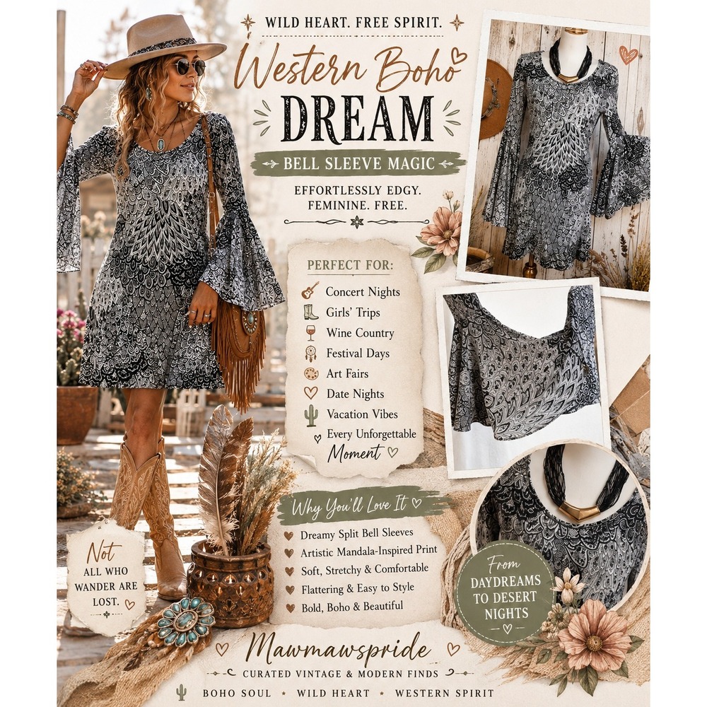 Whimsigoth Bell Sleeve Dress Dark Boho Gothic Romance Festival Chic S western